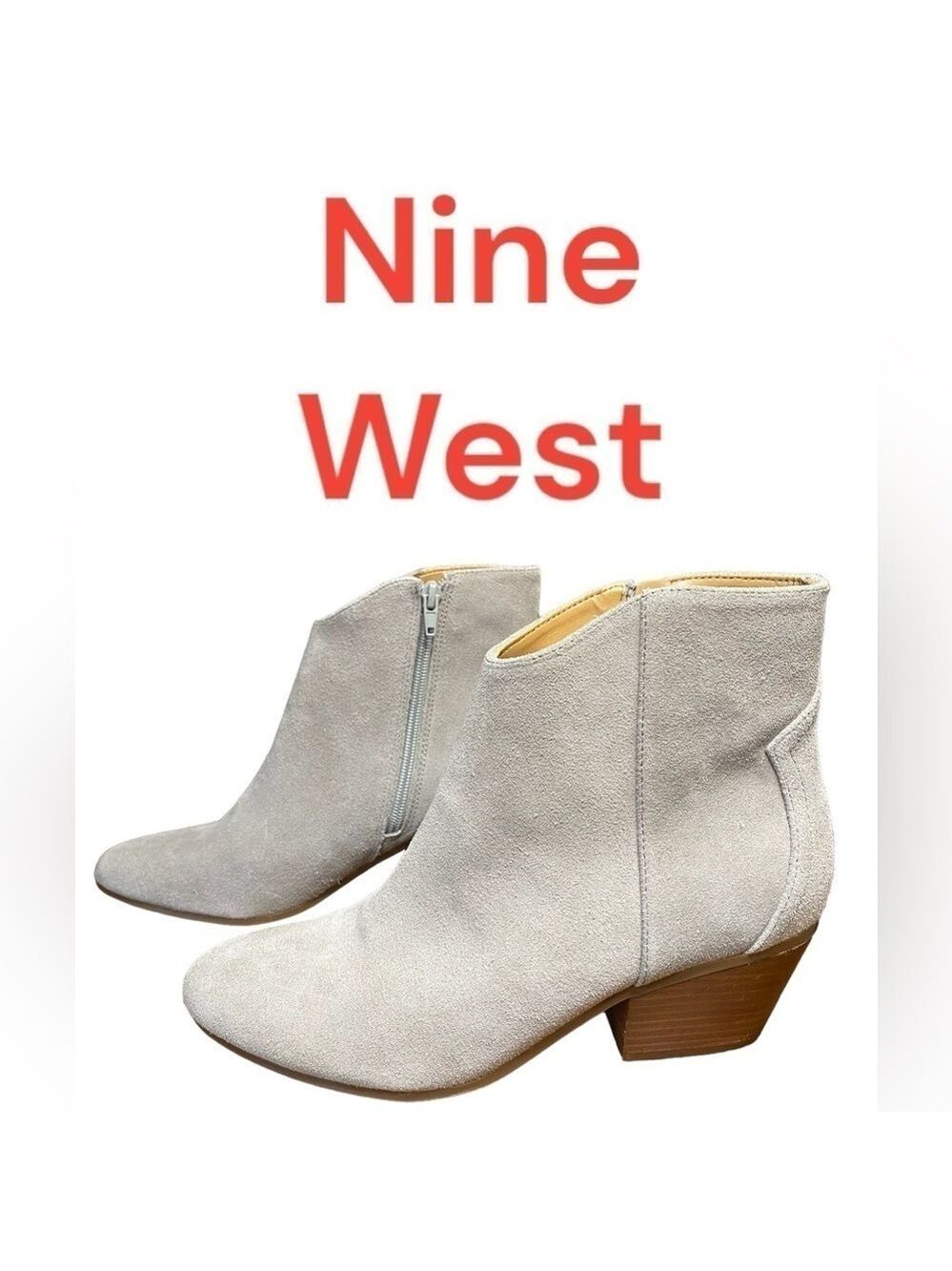 Nine West-NWT size 8.5 light putty gray “tristan” suede bootie.Side zip, 2” heel - Picture 13 of 14